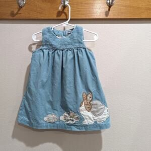 Baby Boden Pinny Girls Sz 18-24m Blue Smocked Bunny Spring Corduroy Smocked